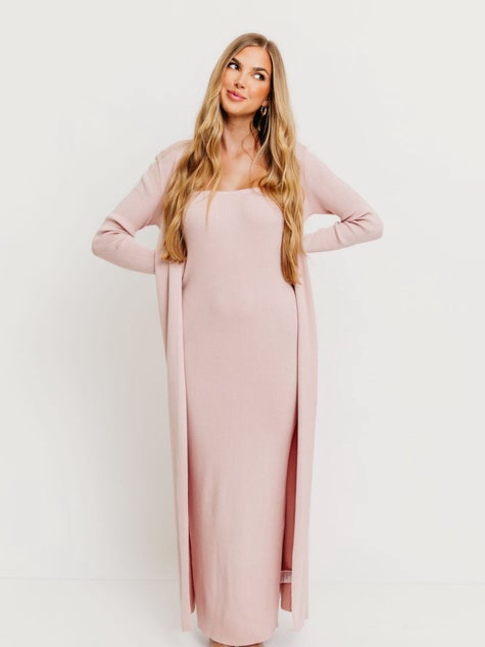 Soft Pink Maxi Knit Dress with Matching Long Duster